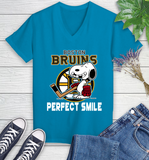 NHL Boston Bruins Snoopy Perfect Smile The Peanuts Movie Hockey T Shirt Women's V-Neck T-Shirt 7
