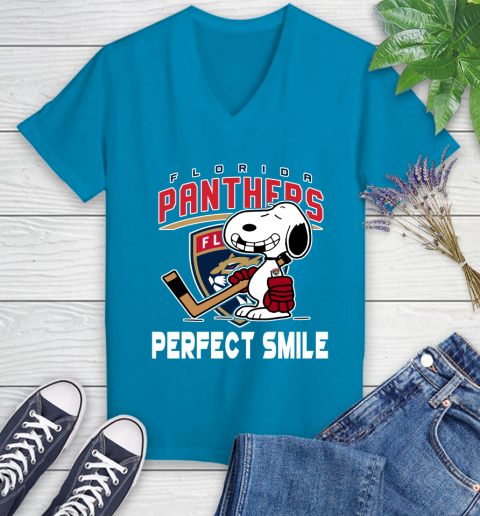 NHL Florida Panthers Snoopy Perfect Smile The Peanuts Movie Hockey T Shirt Women's V-Neck T-Shirt 7