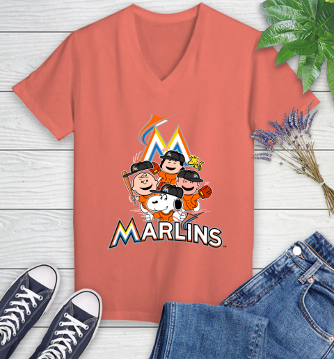 MLB Miami Marlins Snoopy Charlie Brown Woodstock The Peanuts Movie Baseball T Shirt Women's V-Neck T-Shirt 6