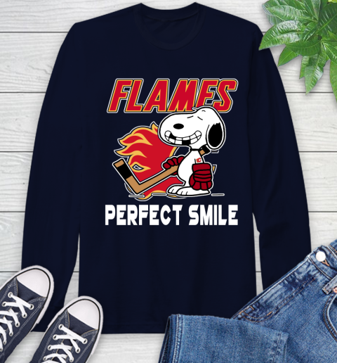 NHL Calgary Flames Snoopy Perfect Smile The Peanuts Movie Hockey T Shirt Long Sleeve T-Shirt 3