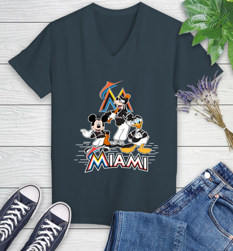 MLB Miami Marlins Mickey Mouse Donald Duck Goofy Baseball T Shirt Women's V-Neck T-Shirt 8
