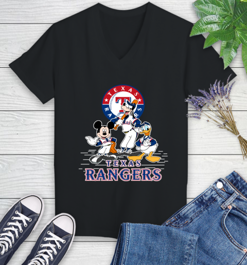 MLB Texas Rangers Mickey Mouse Donald Duck Goofy Baseball T Shirt Women's V-Neck T-Shirt