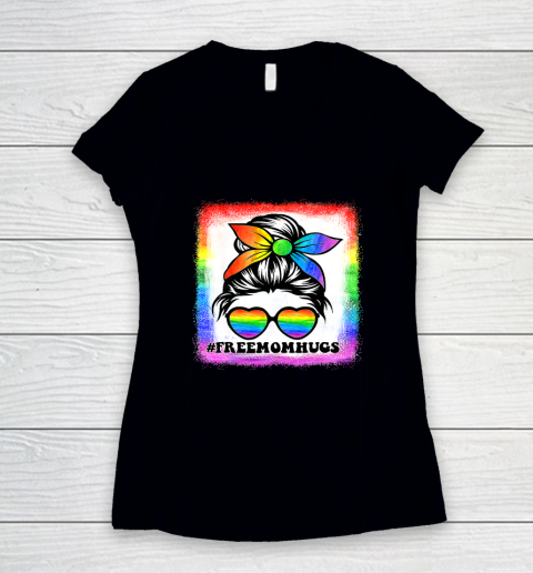 Free Mom Hugs Bleached Rainbow Messy Bun LGBT Pride Women's V-Neck T-Shirt