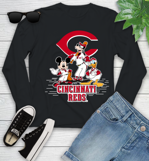 MLB Cincinnati Reds Mickey Mouse Donald Duck Goofy Baseball T Shirt Youth Long Sleeve