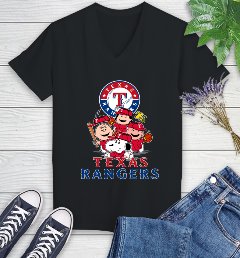 MLB Texas Rangers Snoopy Charlie Brown Woodstock The Peanuts Movie Baseball T Shirt Women's V-Neck T-Shirt