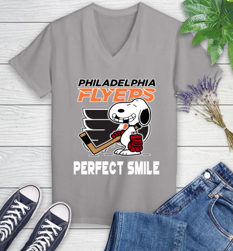 NHL Philadelphia Flyers Snoopy Perfect Smile The Peanuts Movie Hockey T Shirt Women's V-Neck T-Shirt 4