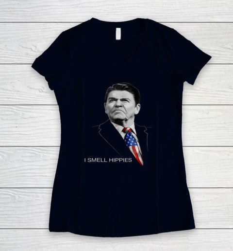 I Smell Hippies Ronald Reagan Conservative Women's V-Neck T-Shirt 2