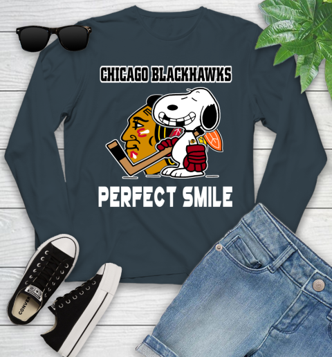 NHL Chicago Blackhawks Snoopy Perfect Smile The Peanuts Movie Hockey T Shirt Youth Long Sleeve 9