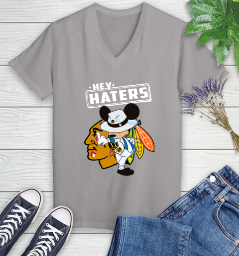 NHL Hey Haters Mickey Hockey Sports Chicago Blackhawks Women's V-Neck T-Shirt 4