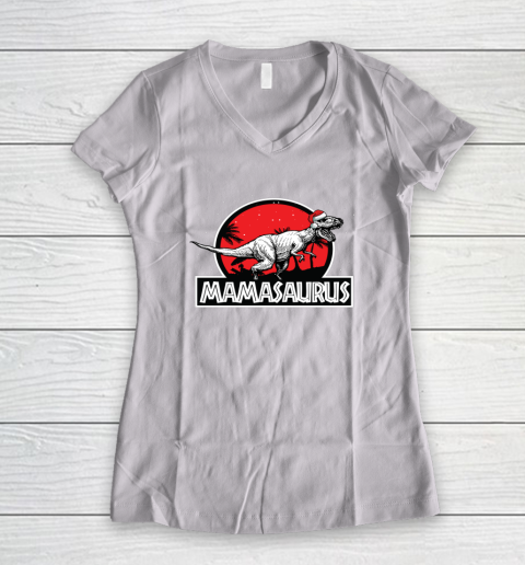 Mamasaurus Christmas Cool T Rex Dinosaur Santa Hat Mom Mama Women's V-Neck T-Shirt