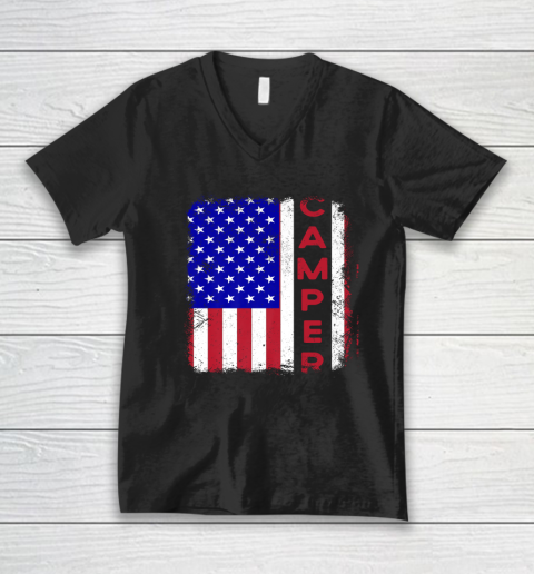 Camper USA Camping Patriotic American Flag Vintage V-Neck T-Shirt