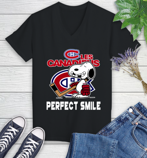 NHL Montreal Canadiens Snoopy Perfect Smile The Peanuts Movie Hockey T Shirt Women's V-Neck T-Shirt