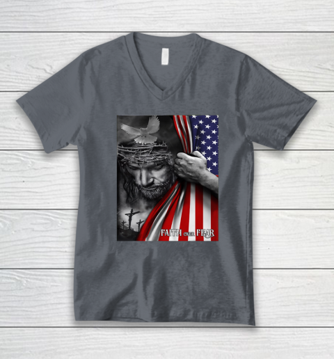 Faith Over Fear God Jesus Christian Flag 4th Of July V-Neck T-Shirt 3