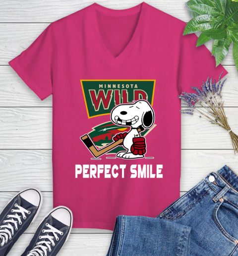 NHL Minnesota Wild Snoopy Perfect Smile The Peanuts Movie Hockey T Shirt Women's V-Neck T-Shirt 9