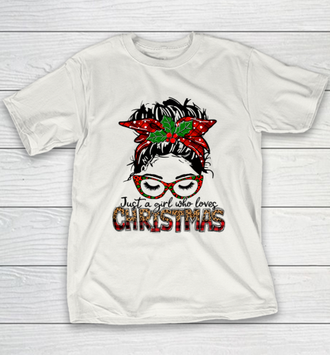 Just A Girl Who Loves Christmas Buffalo Plaid Messy Bun Girl Youth T-Shirt
