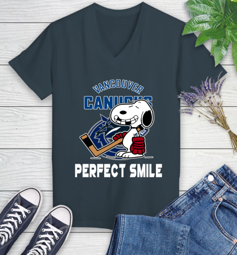 NHL Vancouver Canucks Snoopy Perfect Smile The Peanuts Movie Hockey T Shirt Women's V-Neck T-Shirt 8