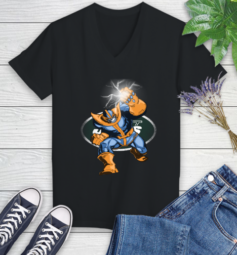 New York Jets NFL Football Thanos Avengers Infinity War Marvel Women's V-Neck T-Shirt