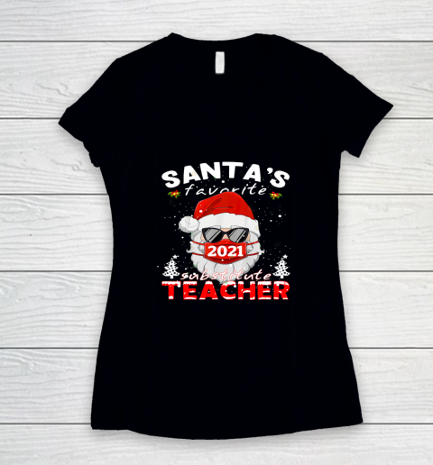 Santa's Favorite Substitute Teacher Christmas Santa Face Women's V-Neck T-Shirt
