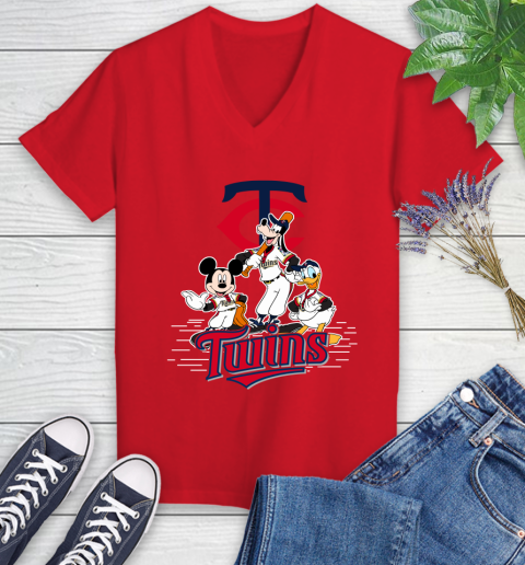 MLB Minnesota Twins Mickey Mouse Donald Duck Goofy Baseball T Shirt Women's V-Neck T-Shirt 11