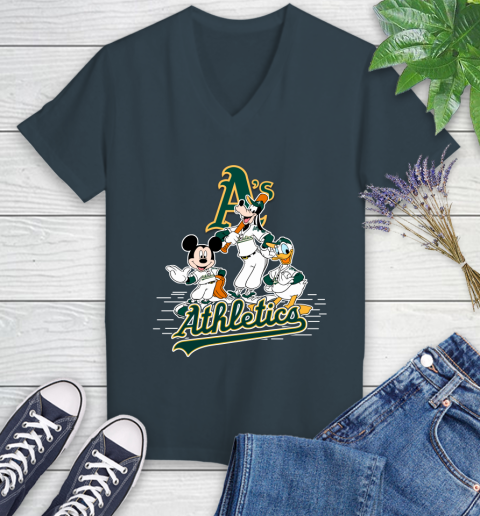 MLB Oakland Athletics Mickey Mouse Donald Duck Goofy Baseball T Shirt Women's V-Neck T-Shirt 8