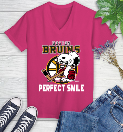 NHL Boston Bruins Snoopy Perfect Smile The Peanuts Movie Hockey T Shirt Women's V-Neck T-Shirt 9