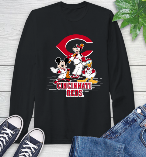 MLB Cincinnati Reds Mickey Mouse Donald Duck Goofy Baseball T Shirt Long Sleeve T-Shirt