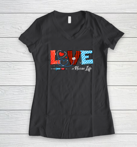Love Nurselife Valentine Nurse Leopard Print Plaid Heart Women's V-Neck T-Shirt 11