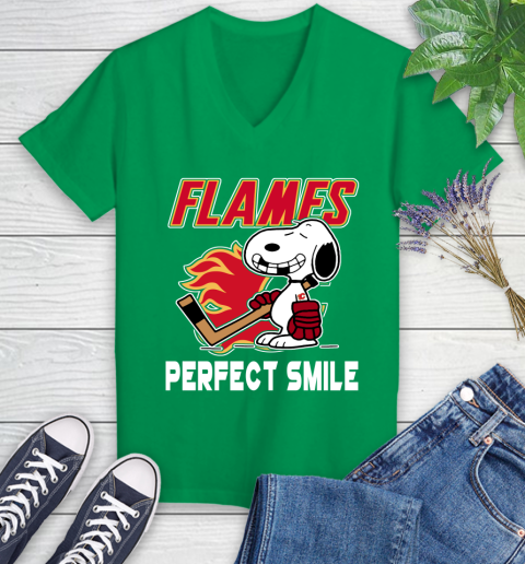 NHL Calgary Flames Snoopy Perfect Smile The Peanuts Movie Hockey T Shirt Women's V-Neck T-Shirt 5