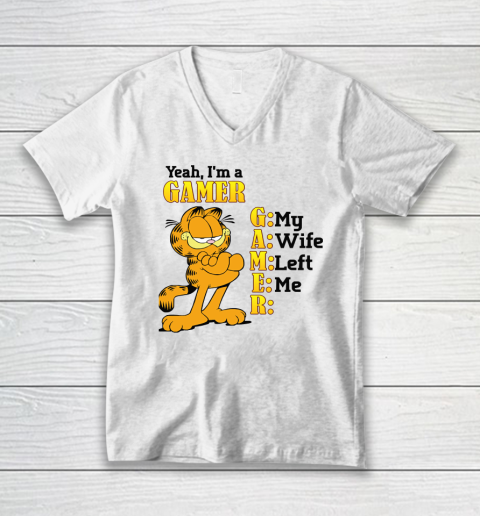 Garfield Yeah I'm A Gamer My Wife Left Me Video Games V-Neck T-Shirt