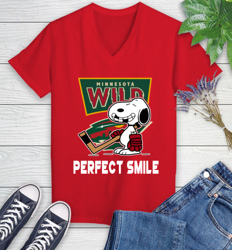 NHL Minnesota Wild Snoopy Perfect Smile The Peanuts Movie Hockey T Shirt Women's V-Neck T-Shirt 11
