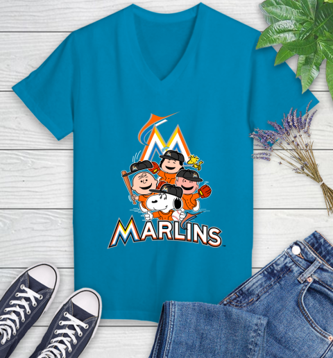 MLB Miami Marlins Snoopy Charlie Brown Woodstock The Peanuts Movie Baseball T Shirt Women's V-Neck T-Shirt 7