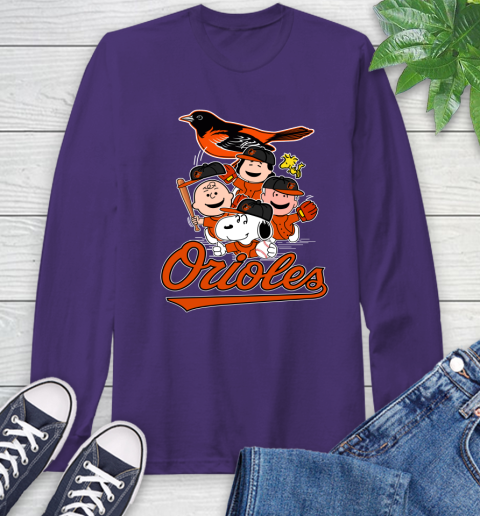 MLB Baltimore Orioles Snoopy Charlie Brown Woodstock The Peanuts Movie Baseball T Shirt_000 Long Sleeve T-Shirt 5