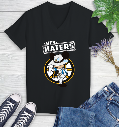 NHL Hey Haters Mickey Hockey Sports Boston Bruins Women's V-Neck T-Shirt