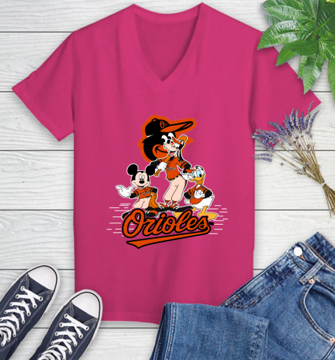 MLB Baltimore Orioles Mickey Mouse Donald Duck Goofy Baseball T Shirt Women's V-Neck T-Shirt 9