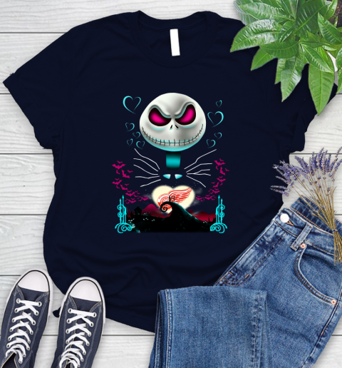 NHL Detroit Red Wings Jack Skellington Sally The Nightmare Before Christmas Hockey Women's T-Shirt 2