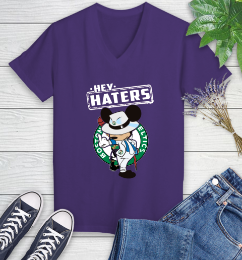 NBA Hey Haters Mickey Basketball Sports Boston Celtics Women's V-Neck T-Shirt 3