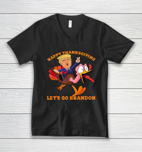 Funny Trump and Turkey Happy Thanksgiving Let's Go Brandon V-Neck T-Shirt
