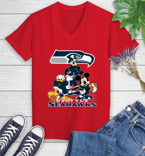 NFL Seattle Seahawks Mickey Mouse Donald Duck Goofy Football Shirt Women's V-Neck T-Shirt 11
