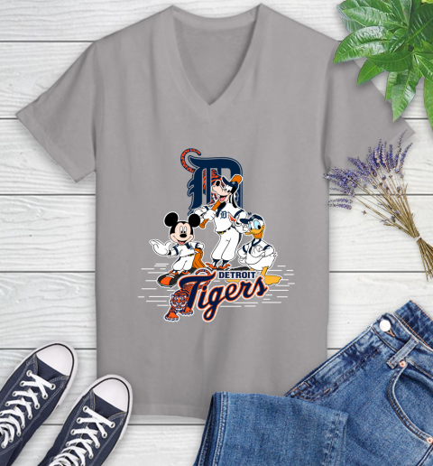 MLB Detroit Tigers Mickey Mouse Donald Duck Goofy Baseball T Shirt Women's V-Neck T-Shirt 4