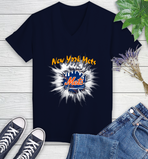 New York Mets MLB Baseball Adoring Fan Rip Sports Women's V-Neck T-Shirt 2