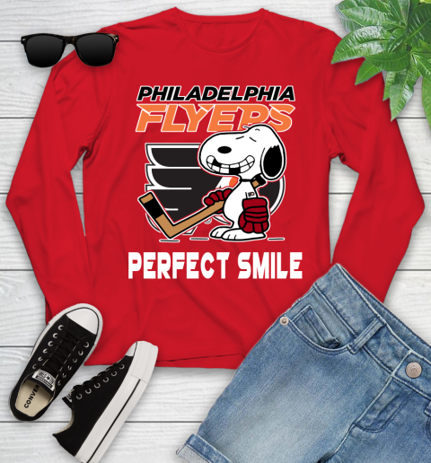 NHL Philadelphia Flyers Snoopy Perfect Smile The Peanuts Movie Hockey T Shirt Youth Long Sleeve 11