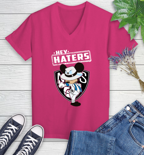 NBA Hey Haters Mickey Basketball Sports Brooklyn Nets Women's V-Neck T-Shirt 9
