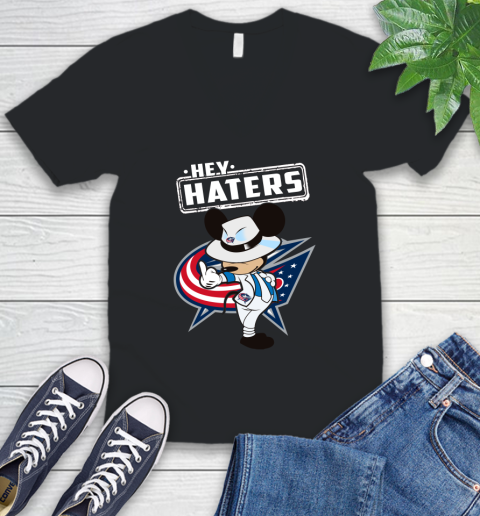 NHL Hey Haters Mickey Hockey Sports Columbus Blue Jackets V-Neck T-Shirt