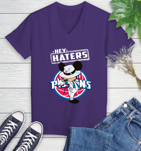 NBA Hey Haters Mickey Basketball Sports Detroit Pistons Women's V-Neck T-Shirt 3