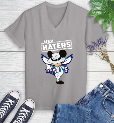 NBA Hey Haters Mickey Basketball Sports Charlotte Hornets Women's V-Neck T-Shirt 4