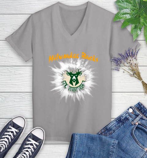 Milwaukee Bucks NBA Basketball Rip Sports Women's V-Neck T-Shirt 4