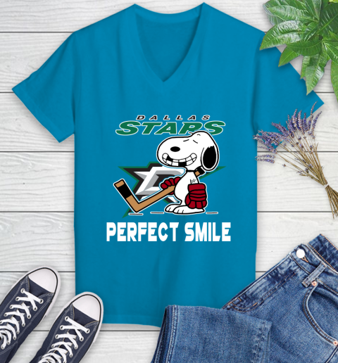 NHL Dallas Stars Snoopy Perfect Smile The Peanuts Movie Hockey T Shirt Women's V-Neck T-Shirt 7