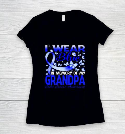 I Wear Blue In Memory Of My Grandpa Colon Cancer Awareness Women's V-Neck T-Shirt