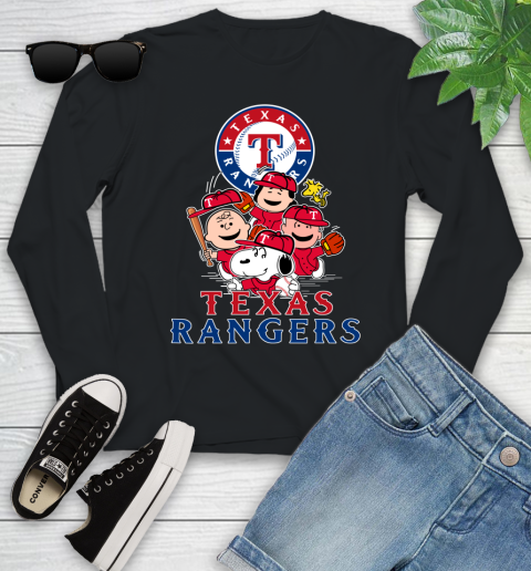 MLB Texas Rangers Snoopy Charlie Brown Woodstock The Peanuts Movie Baseball T Shirt Youth Long Sleeve
