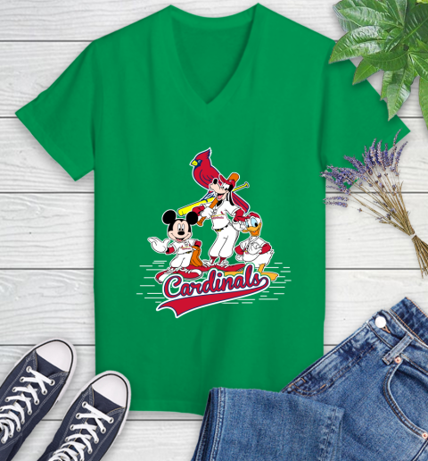 MLB St.Louis Cardinals Mickey Mouse Donald Duck Goofy Baseball T Shirt Women's V-Neck T-Shirt 5
